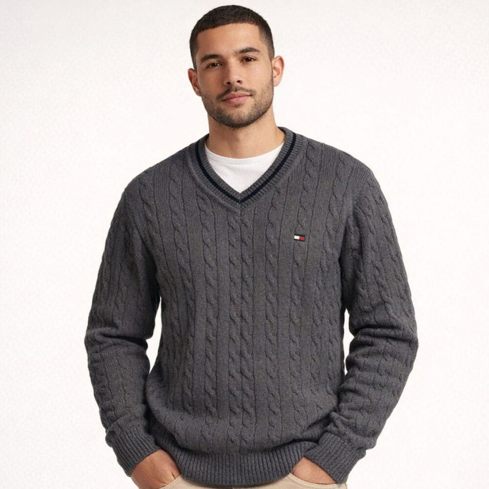 Tommy Hilfiger Cable Knit Varsity Sweater Mens Sz M VTG Cotton V-Neck Ivy League